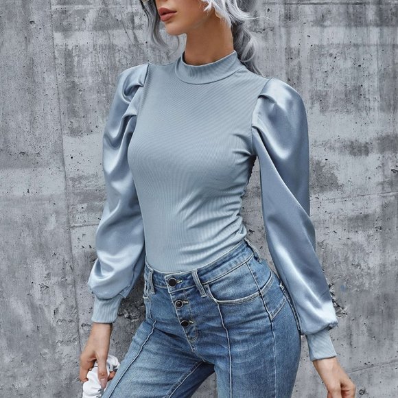 Modern Girl Blue Blouse top with Satin Sleeve - Picture 3 of 4